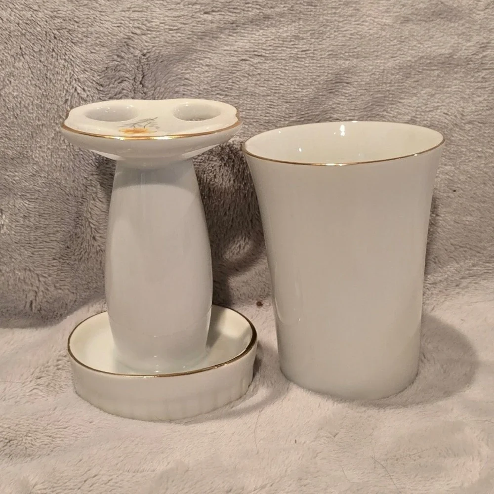 Vintage Midcentury Ceramic Floral Toothbrush Holder and Cup Yellow Flowers Japan